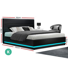 Artiss Lumi LED Bed Frame PU Leather Gas Lift Storage - Black King - ozily