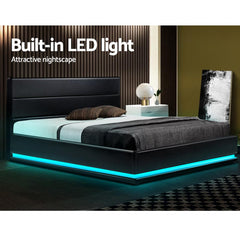 Artiss Lumi LED Bed Frame PU Leather Gas Lift Storage - Black King - ozily