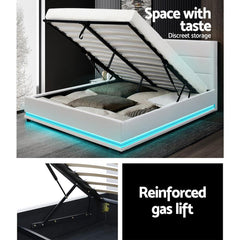Artiss Lumi LED Bed Frame PU Leather Gas Lift Storage - White Double - ozily