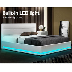 Artiss Lumi LED Bed Frame PU Leather Gas Lift Storage - White Double - ozily