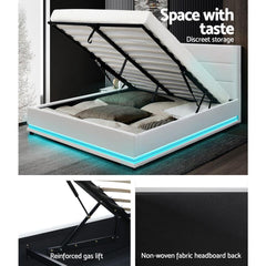 Artiss Lumi LED Bed Frame PU Leather Gas Lift Storage - White Double - ozily