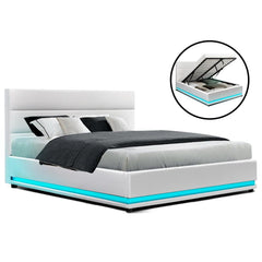 Artiss Lumi LED Bed Frame PU Leather Gas Lift Storage - White Double - ozily