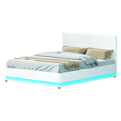 Artiss Lumi LED Bed Frame PU Leather Gas Lift Storage - White Queen Furniture BFRAME-E-LUMI-Q-WH-ABC Online Furniture