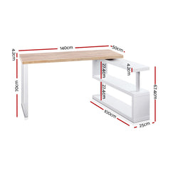 Artiss Rotary Corner Desk with Bookshelf - Brown & White Furniture > Office DESK-CORNER-140 Online Furniture