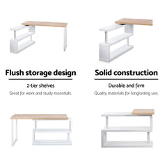 Artiss Rotary Corner Desk with Bookshelf - Brown & White Furniture > Office DESK-CORNER-140 Online Furniture