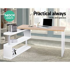Artiss Rotary Corner Desk with Bookshelf - Brown & White Furniture > Office DESK-CORNER-140 Online Furniture