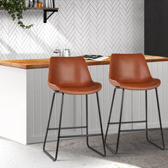 Artiss Set of 2 Bar Stools Kitchen Metal Bar Stool Dining Chairs PU Leather Brown Furniture > Bar Stools & Chairs BA-TW-8068-BRX2 Online Furniture