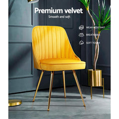 Artiss Set of 2 Dining Chairs Retro Chair Cafe Kitchen Modern Metal Legs Velvet Yellow - ozily