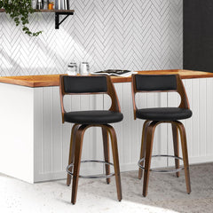 Artiss Set of 2 Wooden Bar Stools PU Leather - Black and Wood - ozily