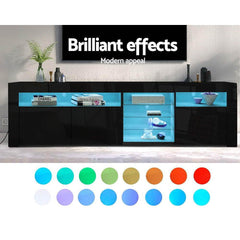 Artiss TV Cabinet Entertainment Unit Stand RGB LED Gloss 3 Doors 180cm Black - ozily