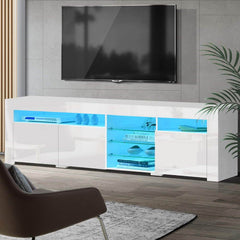 Artiss TV Cabinet Entertainment Unit Stand RGB LED Gloss 3 Doors 180cm White - ozily