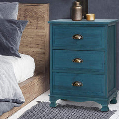 Bedside Tables Drawers Side Table Cabinet Vintage Blue Storage Nightstand - ozily