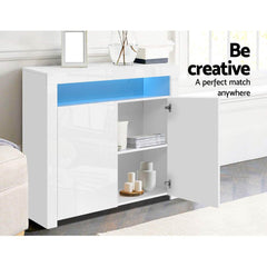 Buffet Sideboard Cabinet LED High Gloss Storage Cupboard 2 Doors White - ozily