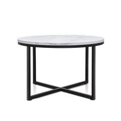 Coffee Table Marble Effect Side Tables Bedside Round Black Metal - ozily