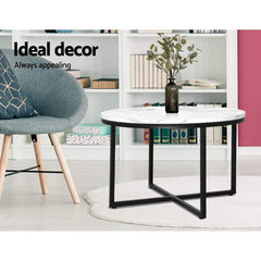 Coffee Table Marble Effect Side Tables Bedside Round Black Metal - ozily