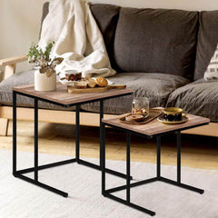 Coffee Table Nesting Side Tables Wooden Rustic Vintage Metal Frame - ozily