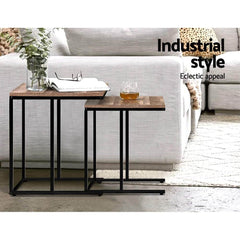 Coffee Table Nesting Side Tables Wooden Rustic Vintage Metal Frame - ozily