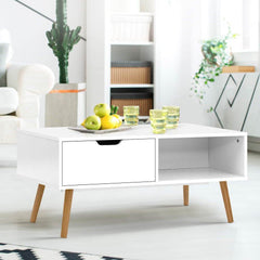 Coffee Table Storage Drawer Open Shelf Wooden Legs Scandinavian White - ozily