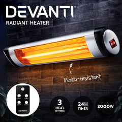 Devanti Electric Radiant Heater Patio Strip Heaters Infrared Indoor Outdoor Patio Remote Control 2000W Appliances > Heaters RHP-2000R-SI Online Furniture