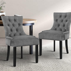 Dining Chairs French Provincial Retro Chair Wooden Velvet Fabric Grey - set of 2 - ozily