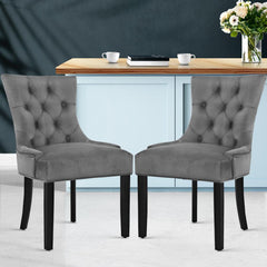 Dining Chairs French Provincial Retro Chair Wooden Velvet Fabric Grey - set of 2 - ozily