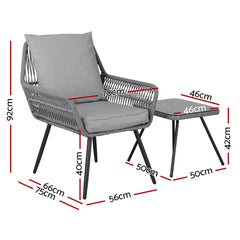 Gardeon 3PC Outdoor Furniture Bistro Set Lounge Setting Chairs Table Patio Grey Furniture > Outdoor ODF-ROPE-3PCS-GE Online Furniture