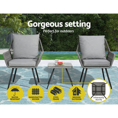 Gardeon 3PC Outdoor Furniture Bistro Set Lounge Setting Chairs Table Patio Grey Furniture > Outdoor ODF-ROPE-3PCS-GE Online Furniture