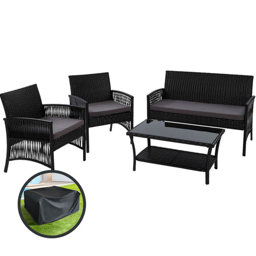 Gardeon 4 PCS Outdoor Furniture Outdoor Lounge Setting Rattan Patio Dining Set Furniture > Outdoor ODF-RATTAN-HARP-BK-AB-COVER Online Furniture