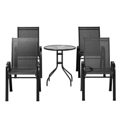 Gardeon 5PC Bistro Set Outdoor Table and Chairs Stackable Outdoor Furniture Black Furniture > Outdoor FF-STA-AL80-BK-4CH Online Furniture