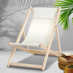 Gardeon Outdoor Chairs Sun Lounge Deck Beach Chair Folding Wooden Patio Furniture Beige - ozily