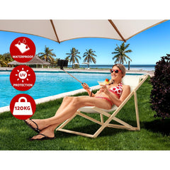 Gardeon Outdoor Chairs Sun Lounge Deck Beach Chair Folding Wooden Patio Furniture Beige - ozily
