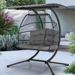 Gardeon Outdoor Egg Swing Chair Wicker Furniture Pod Stand Canopy 2 Seater Grey Furniture > Outdoor HM-EGG-FOLD-D-GR Online Furniture