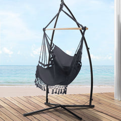 Gardeon Outdoor Hammock Chair with Steel Stand Tassel Hanging Rope Hammock Grey Furniture > Outdoor HM-CHAIR-TASSEL-GREY-X Online Furniture