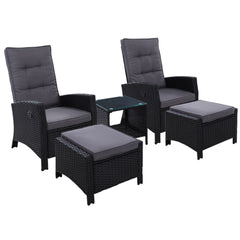 Gardeon Outdoor Patio Furniture Recliner Chairs Table Setting Wicker Lounge 5pc Black Furniture > Outdoor ODF-RECLINER-CHOTTB-5BK Online Furniture