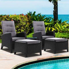 Gardeon Outdoor Patio Furniture Recliner Chairs Table Setting Wicker Lounge 5pc Black Furniture > Outdoor ODF-RECLINER-CHOTTB-5BK Online Furniture