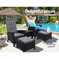 Gardeon Outdoor Patio Furniture Recliner Chairs Table Setting Wicker Lounge 5pc Black Furniture > Outdoor ODF-RECLINER-CHOTTB-5BK Online Furniture