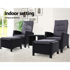 Gardeon Outdoor Patio Furniture Recliner Chairs Table Setting Wicker Lounge 5pc Black Furniture > Outdoor ODF-RECLINER-CHOTTB-5BK Online Furniture