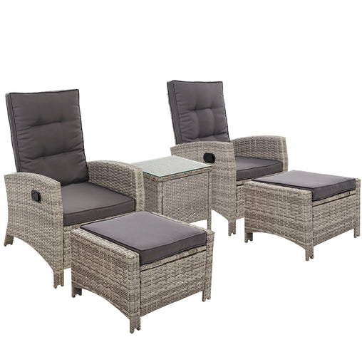 Gardeon Outdoor Patio Furniture Recliner Chairs Table Setting Wicker Lounge 5pc Grey Furniture ODF-RECLINER-CHOTTB-5GE Online Furniture