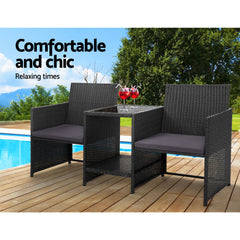 Gardeon Outdoor Setting Wicker Loveseat Birstro Set Patio Garden Furniture Black Furniture > Outdoor ODF-LOVESEAT-S-BK Online Furniture