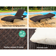 Gardeon Outdoor Sun Lounge Setting Wicker Lounger Day Bed Rattan Patio Furniture Brown Furniture > Outdoor FF-LOUNGE-WA-BR2X Online Furniture