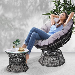 Gardeon Papasan Chair and Side Table - Black - ozily