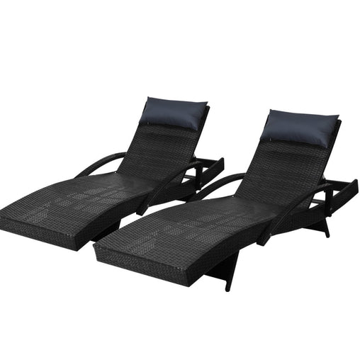 Gardeon Set of 2 Sun Lounge Outdoor Furniture Wicker Lounger Rattan Day Bed Garden Patio Black Furniture > Outdoor FF-LOUNGE-ARM-P-BKX2 Online Furniture