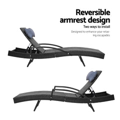 Gardeon Set of 2 Sun Lounge Outdoor Furniture Wicker Lounger Rattan Day Bed Garden Patio Black Furniture > Outdoor FF-LOUNGE-ARM-P-BKX2 Online Furniture