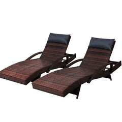 Gardeon Set of 2 Sun Lounge Outdoor Furniture Wicker Lounger Rattan Day Bed Garden Patio Brown Furniture > Outdoor FF-LOUNGE-ARM-P-BRX2 Online Furniture