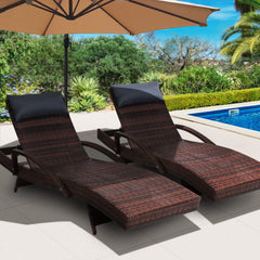 Gardeon Set of 2 Sun Lounge Outdoor Furniture Wicker Lounger Rattan Day Bed Garden Patio Brown Furniture > Outdoor FF-LOUNGE-ARM-P-BRX2 Online Furniture