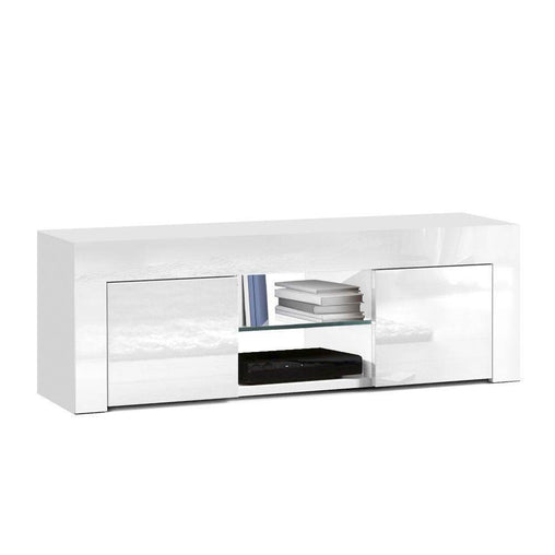 High Gloss TV Stand Entertainment Unit Storage Cabinet Tempered Glass Shelf White - 130cm - ozily