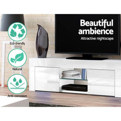 High Gloss TV Stand Entertainment Unit Storage Cabinet Tempered Glass Shelf White - 130cm - ozily