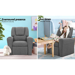 Keezi Kids Recliner Chair Grey Linen Soft Sofa Lounge Couch Children Armchair - ozily