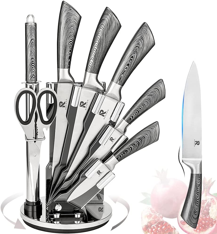 Kitchen Knife Block Set 8 Stainless Steel Knives with Wooden Color Handle (Silver color) - ozily