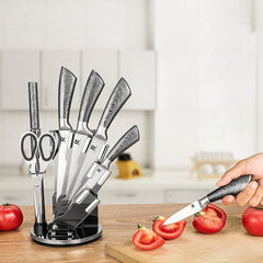 Kitchen Knife Block Set 8 Stainless Steel Knives with Wooden Color Handle (Silver color) - ozily